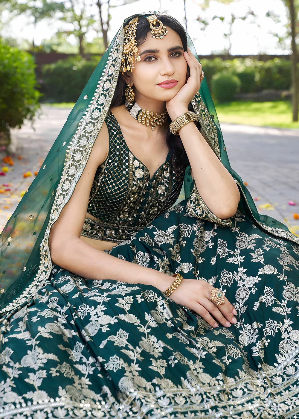 Green Dola Silk Jacquard Festive Party Lehenga Choli - Image 4