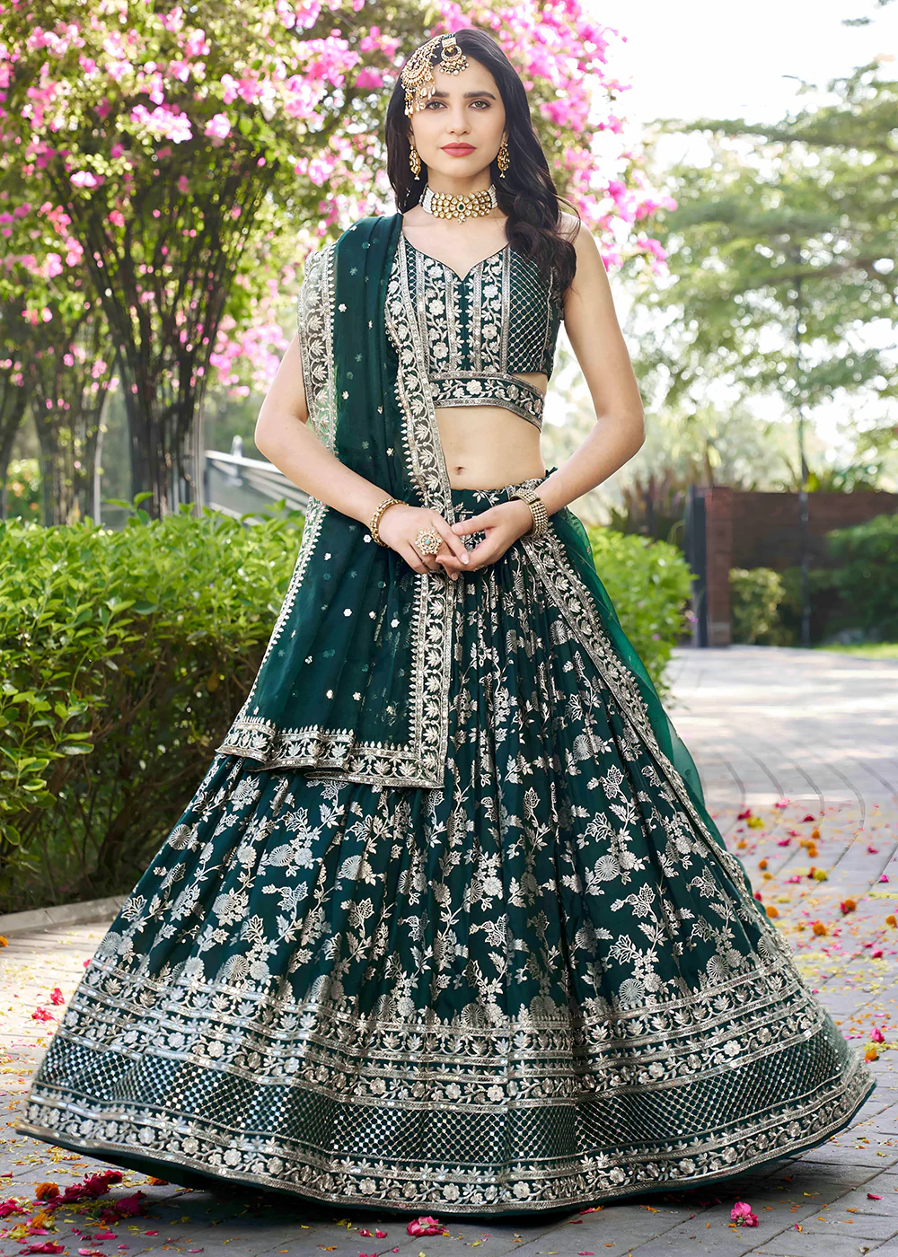Green Dola Silk Jacquard Festive Party Lehenga Choli - Image 5