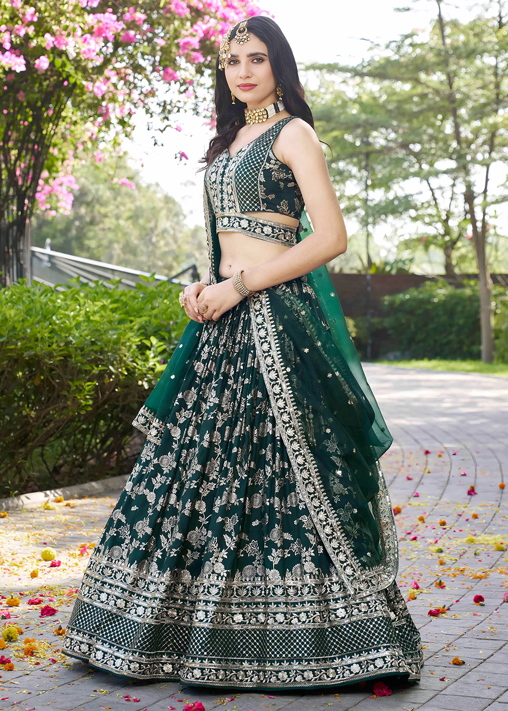 Green Dola Silk Jacquard Festive Party Lehenga Choli - Image 6