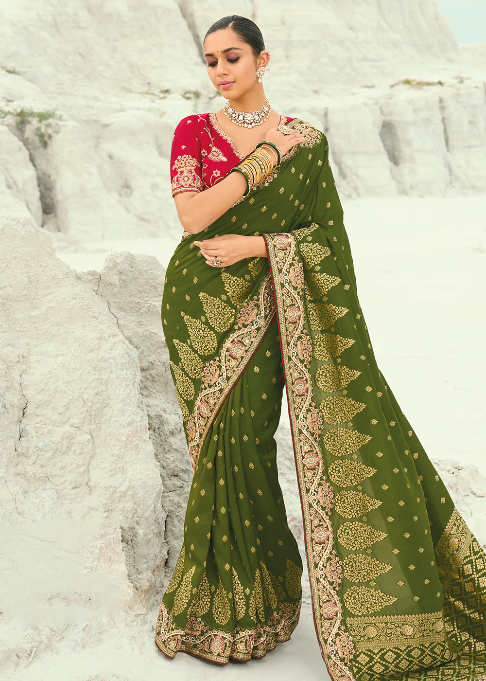 Green Dola Viscose Traditional Embroidered Saree