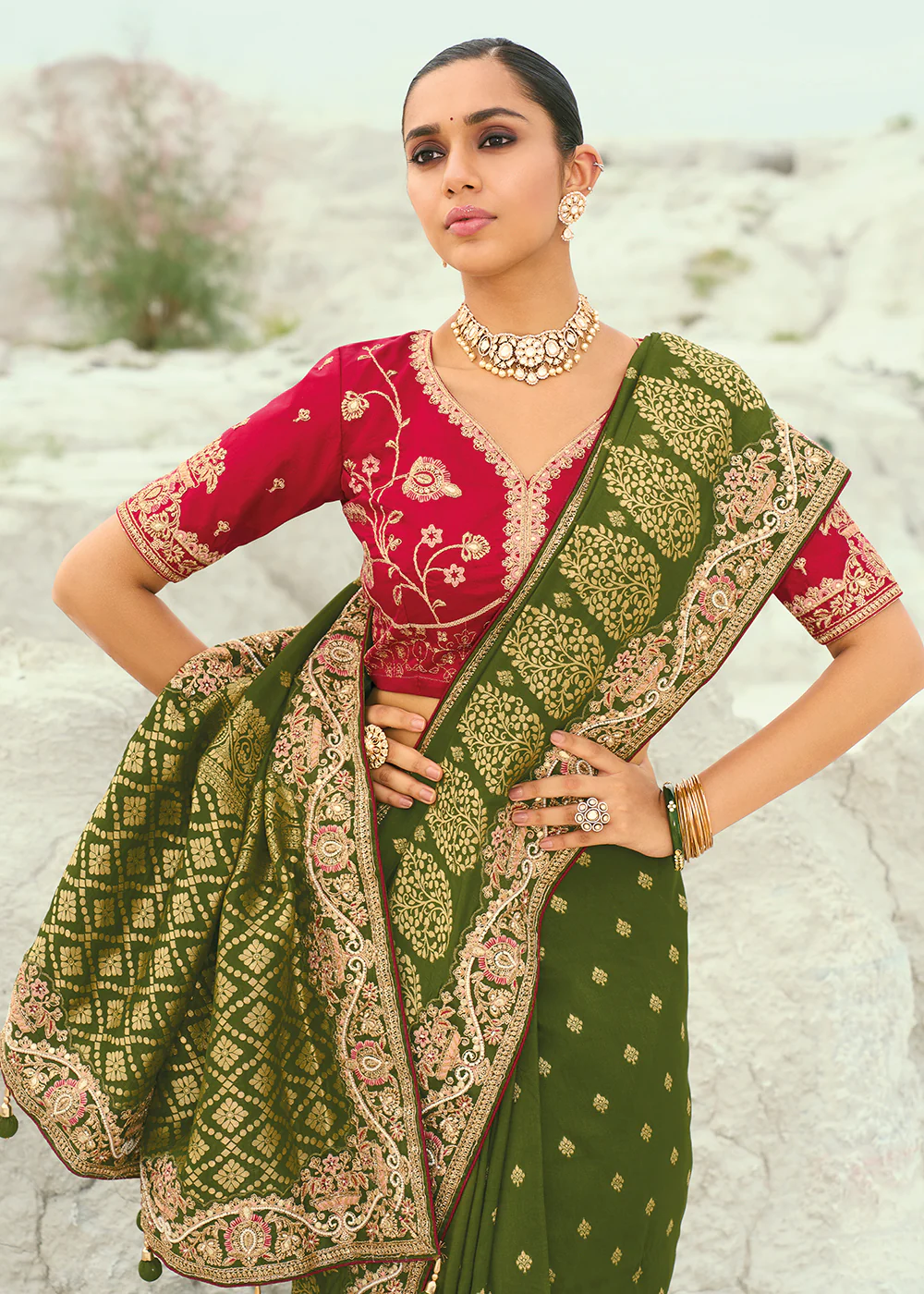 Green Dola Viscose Traditional Embroidered Saree - Image 2