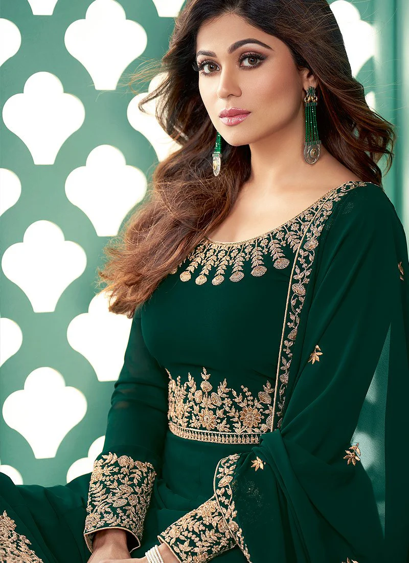 Green Embroidered Shamita Shetty Georgette Anarkali Suit - Image 2