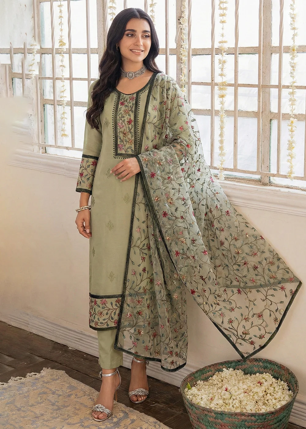 Green Embroidered Casual & Festive Pant Style Suit