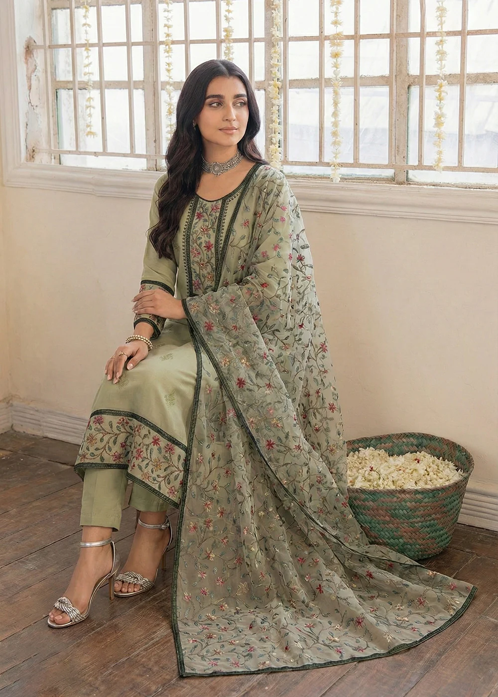 Green Embroidered Casual & Festive Pant Style Suit - Image 3