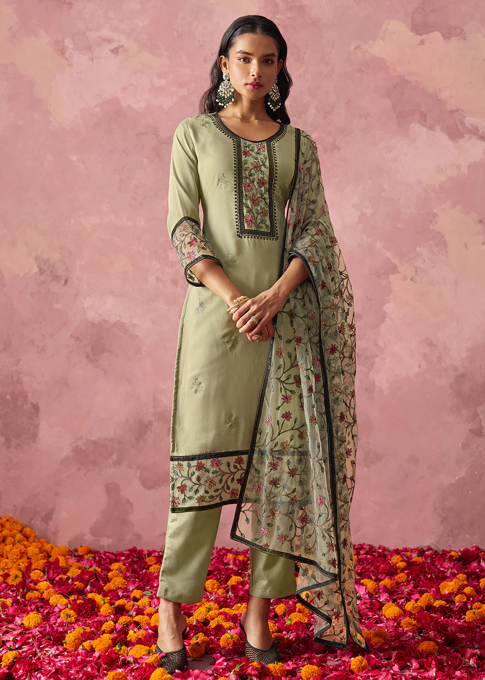 Green Embroidered Casual & Festive Pant Style Suit
