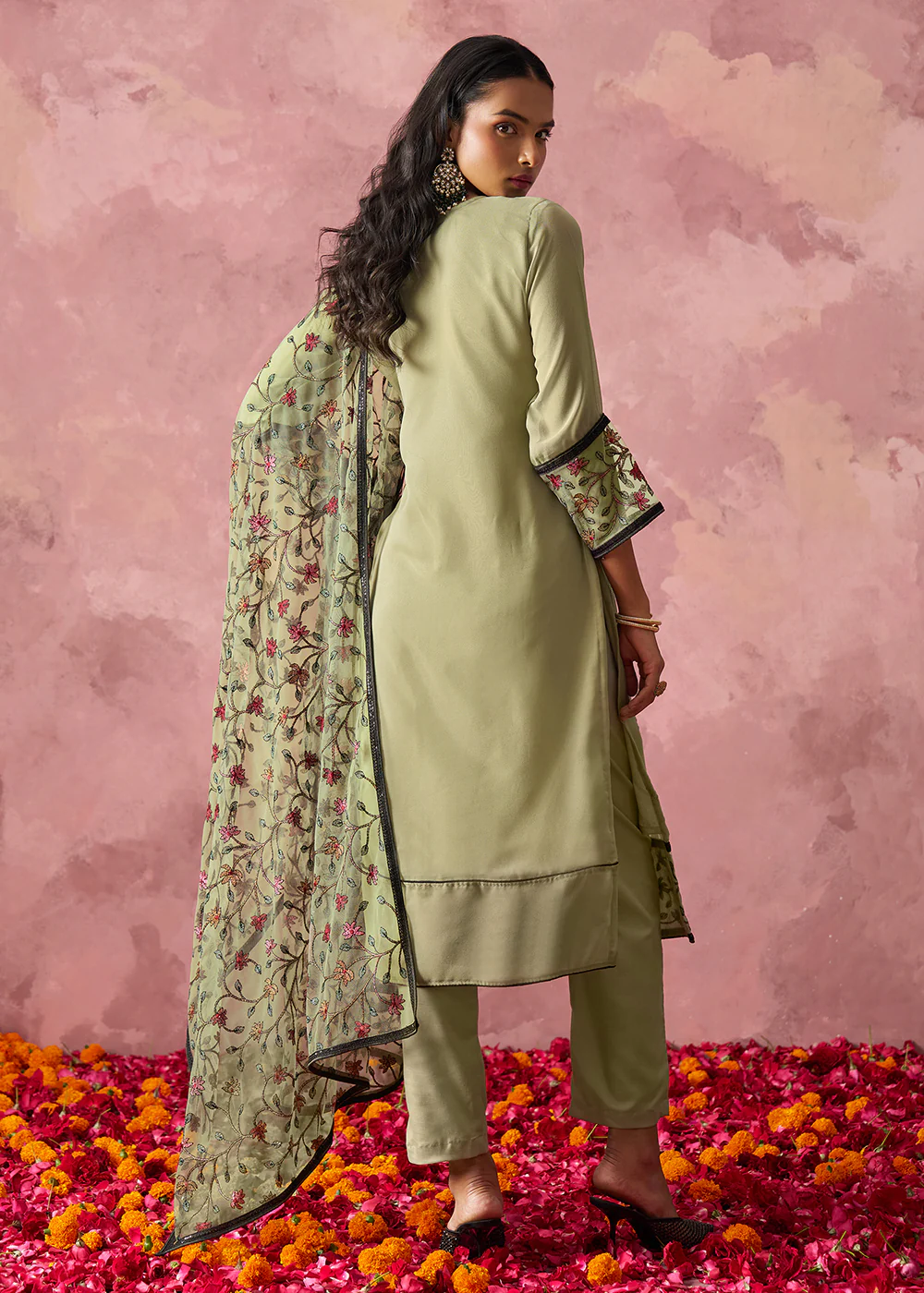 Green Embroidered Casual & Festive Pant Style Suit - Image 3