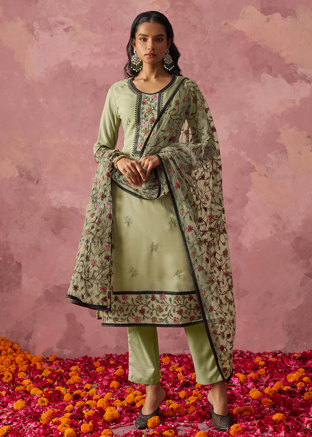 Green Embroidered Casual & Festive Pant Style Suit - Image 4