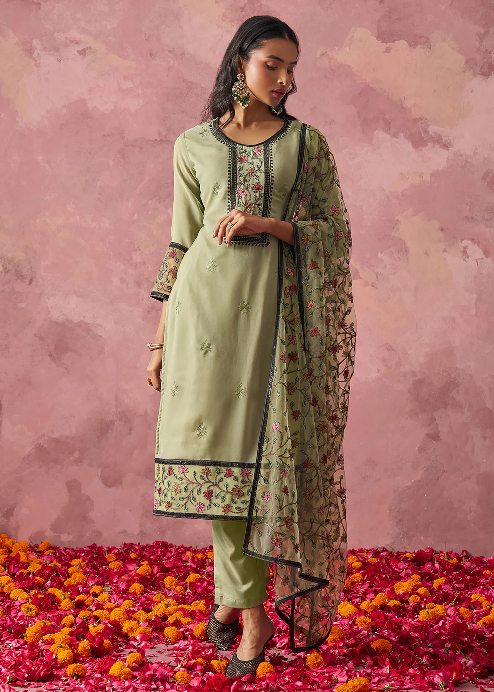 Green Embroidered Casual & Festive Pant Style Suit - Image 5