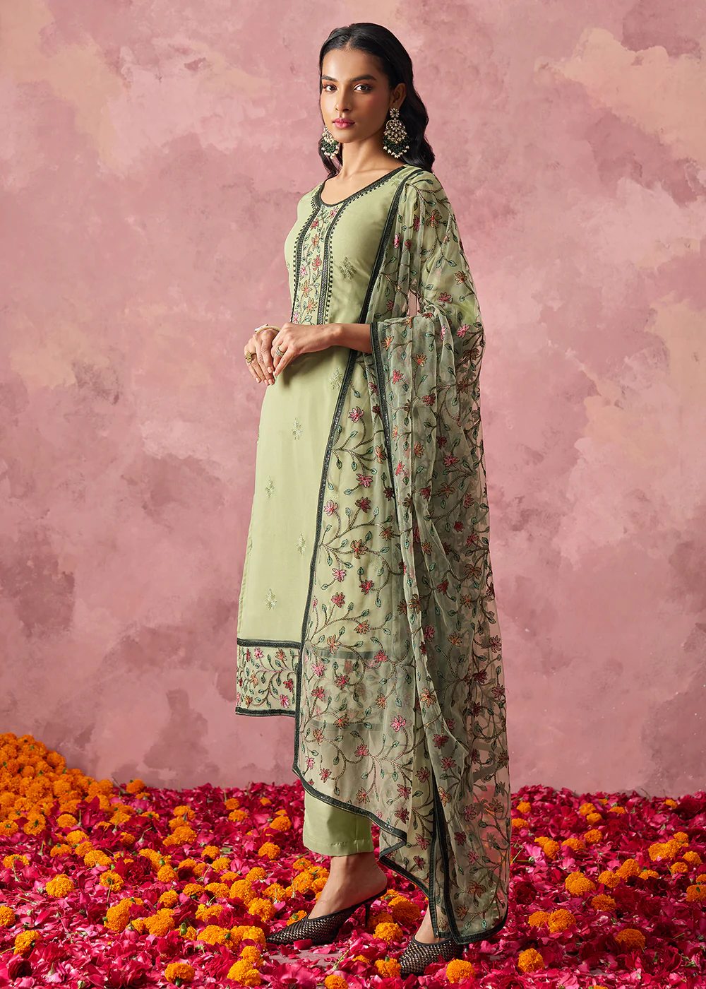 Green Embroidered Casual & Festive Pant Style Suit - Image 6