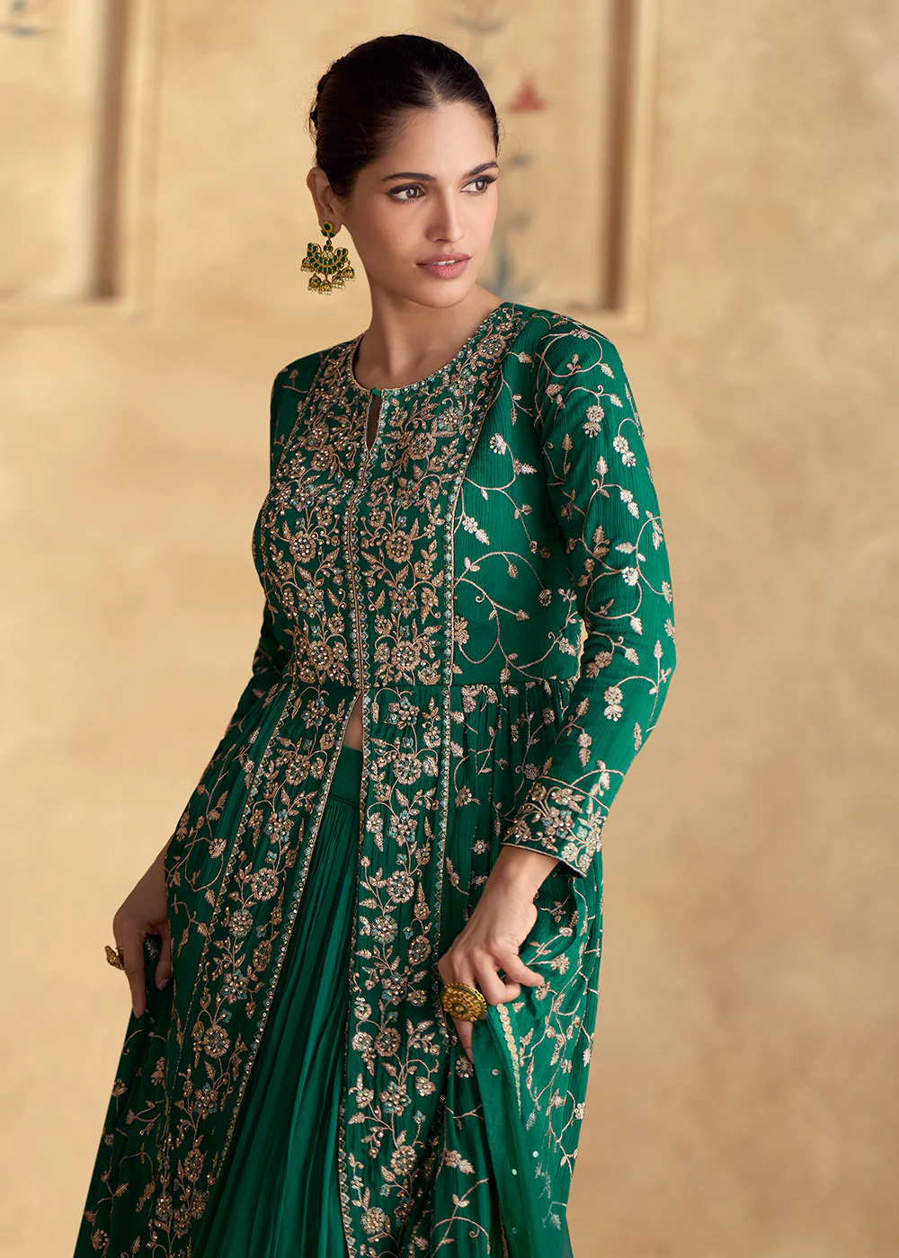 Green Embroidered Chinnon Wedding Party Lehenga Suit - Image 2