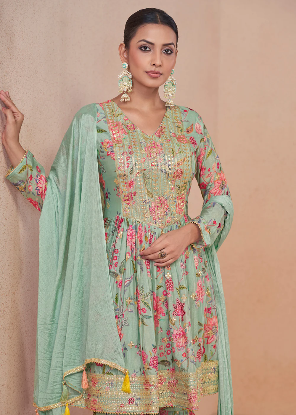Green Embroidered & Digital Printed Festive Gharara Suit - Image 2