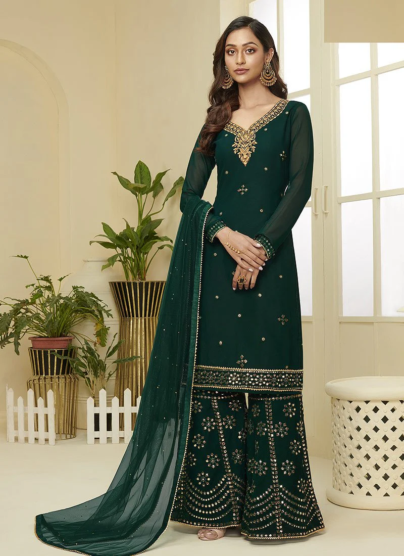 Green Embroidered Faux Georgette Gota Work Sharara Suit