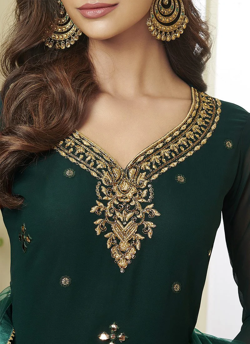 Green Embroidered Faux Georgette Gota Work Sharara Suit - Image 2