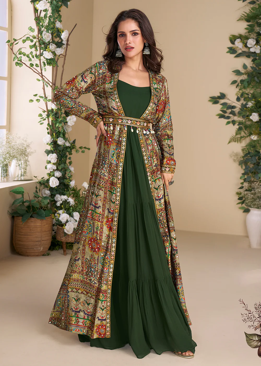 Green Embroidered Georgette Shrug Style Anarkali Suit