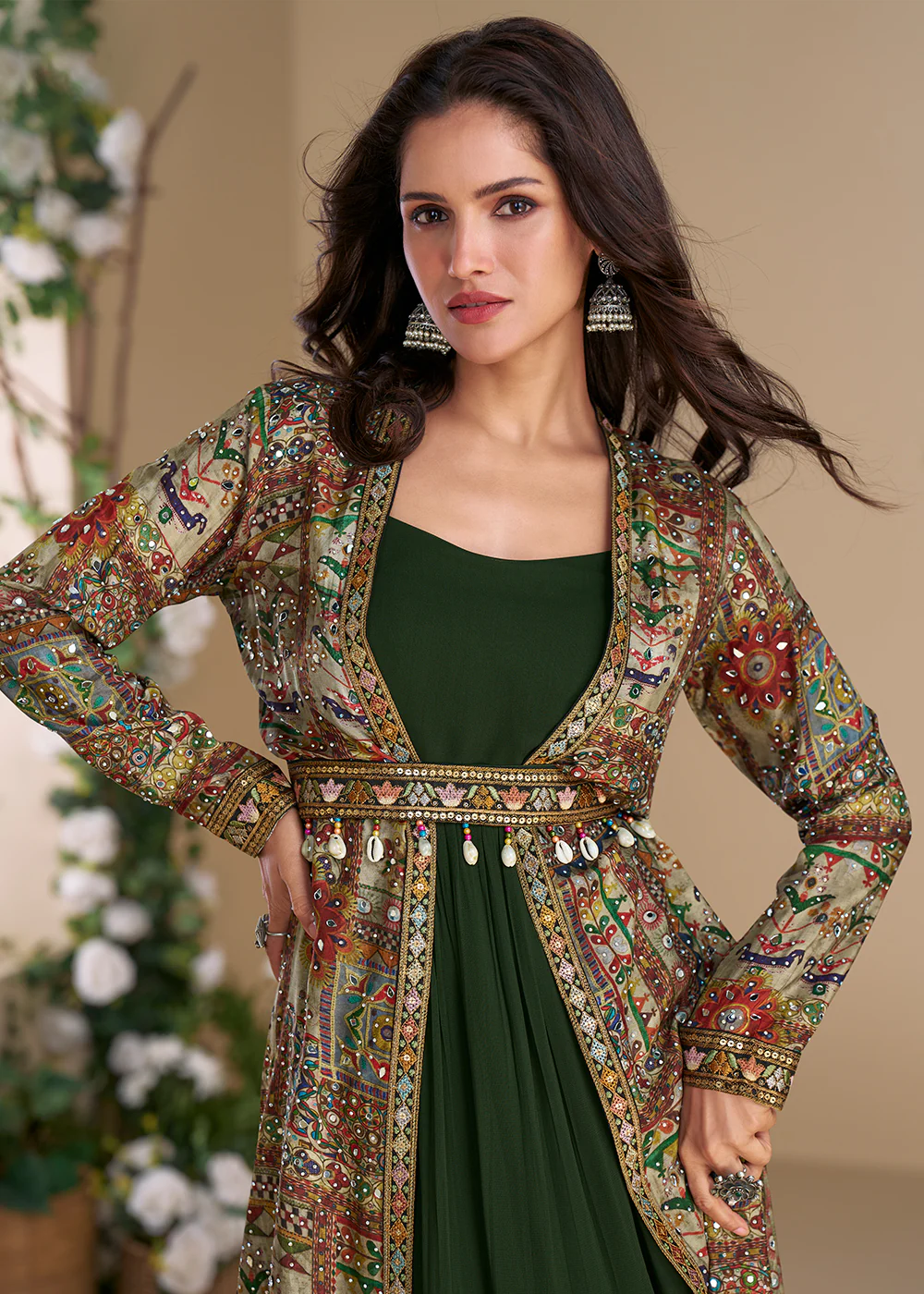 Green Embroidered Georgette Shrug Style Anarkali Suit - Image 2