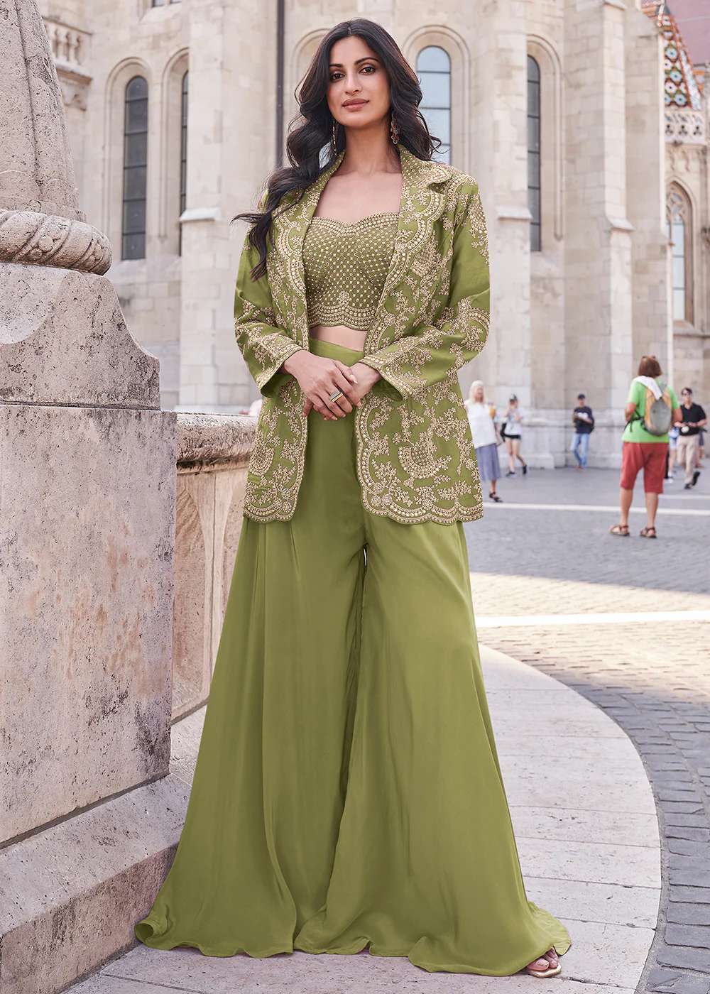 Green Embroidered Jacket Style Indo Western Suit