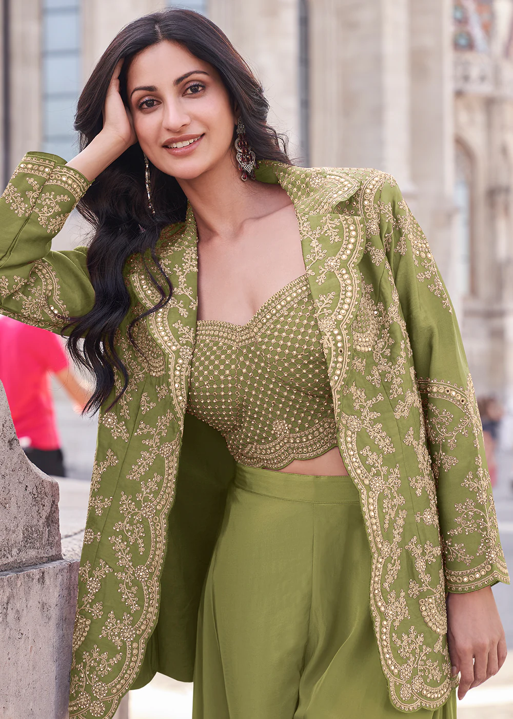 Green Embroidered Jacket Style Indo Western Suit - Image 2