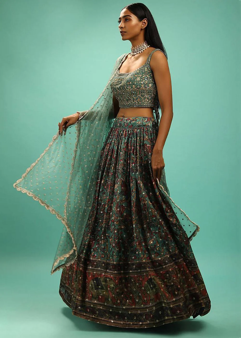 Green Embroidered Mehndi Special Lehenga Choli - Image 4