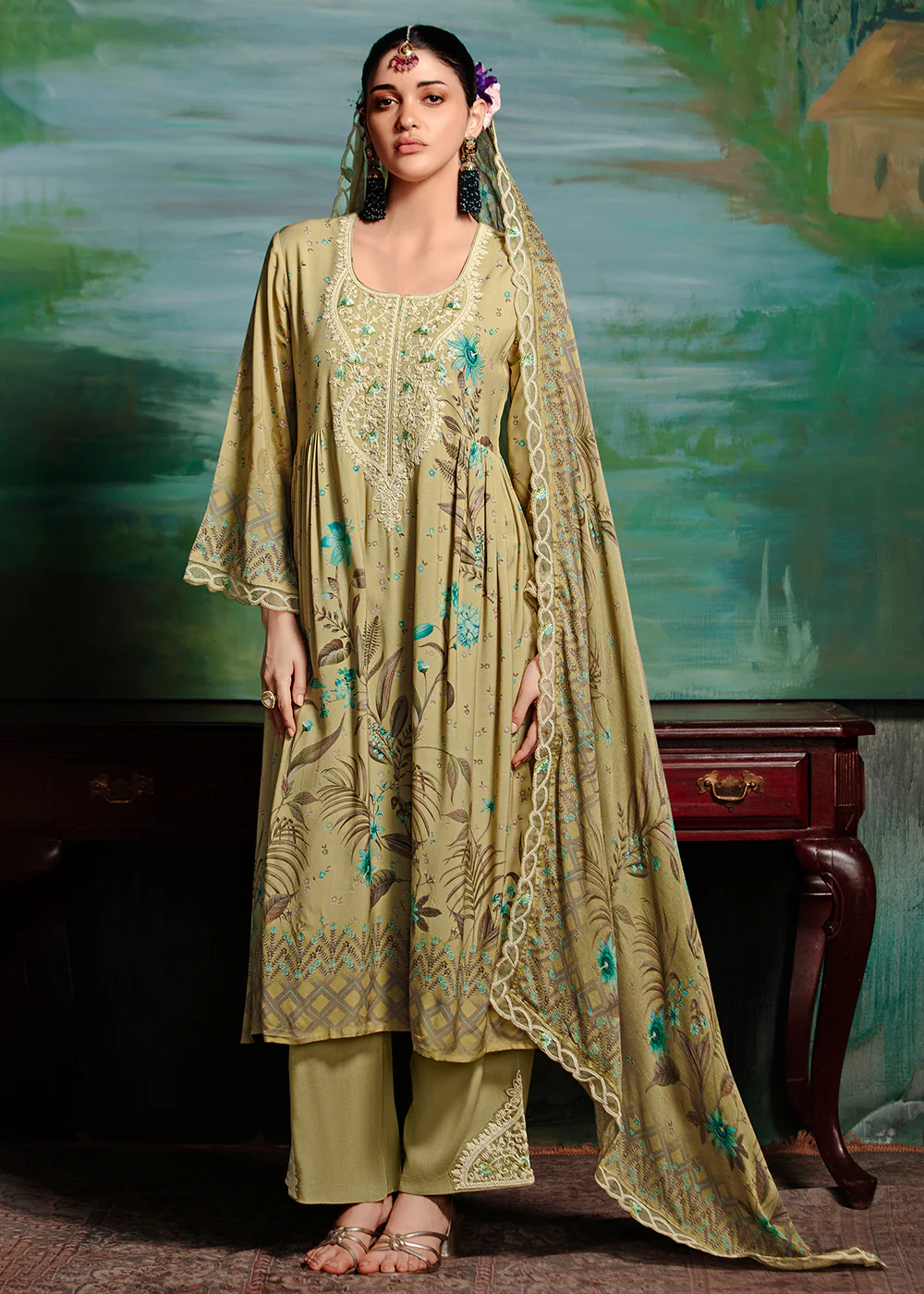 Green Embroidered Muslin Festive Style Salwar Suit