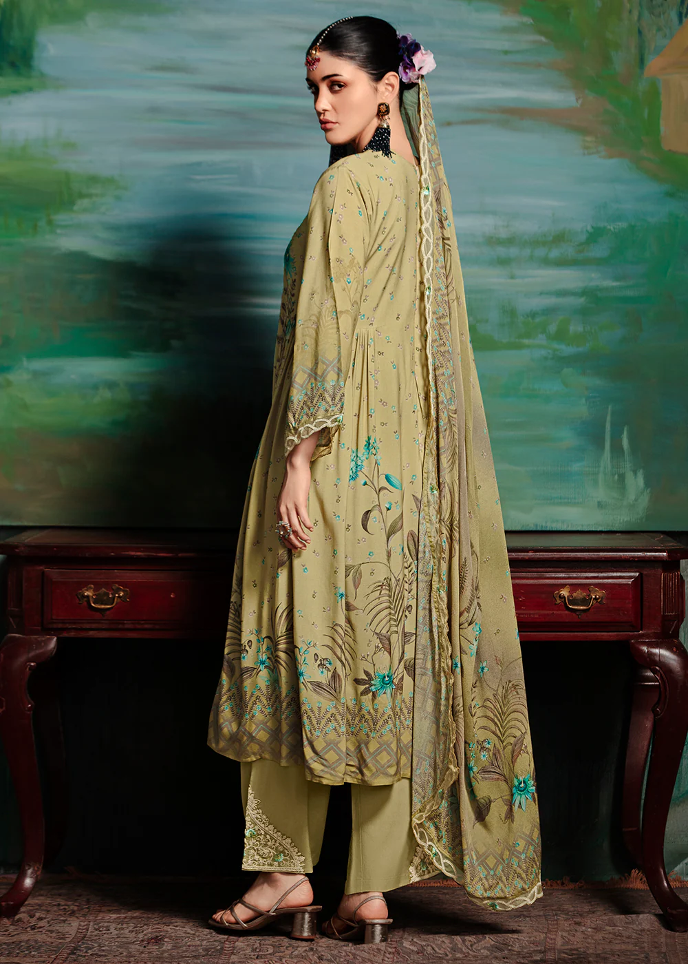 Green Embroidered Muslin Festive Style Salwar Suit - Image 3
