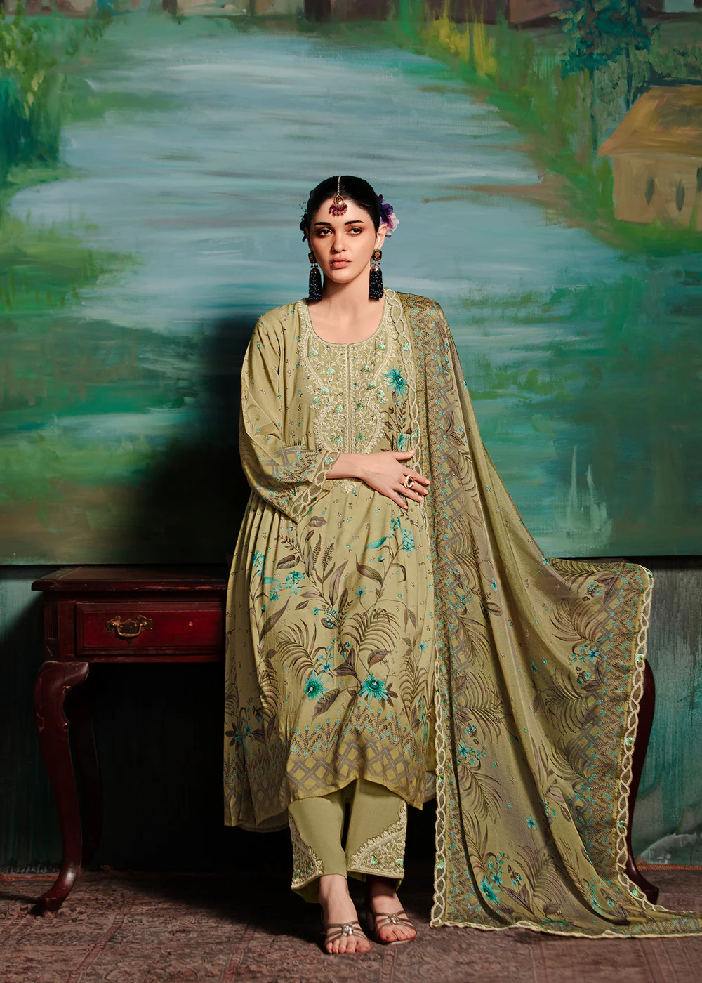 Green Embroidered Muslin Festive Style Salwar Suit - Image 4