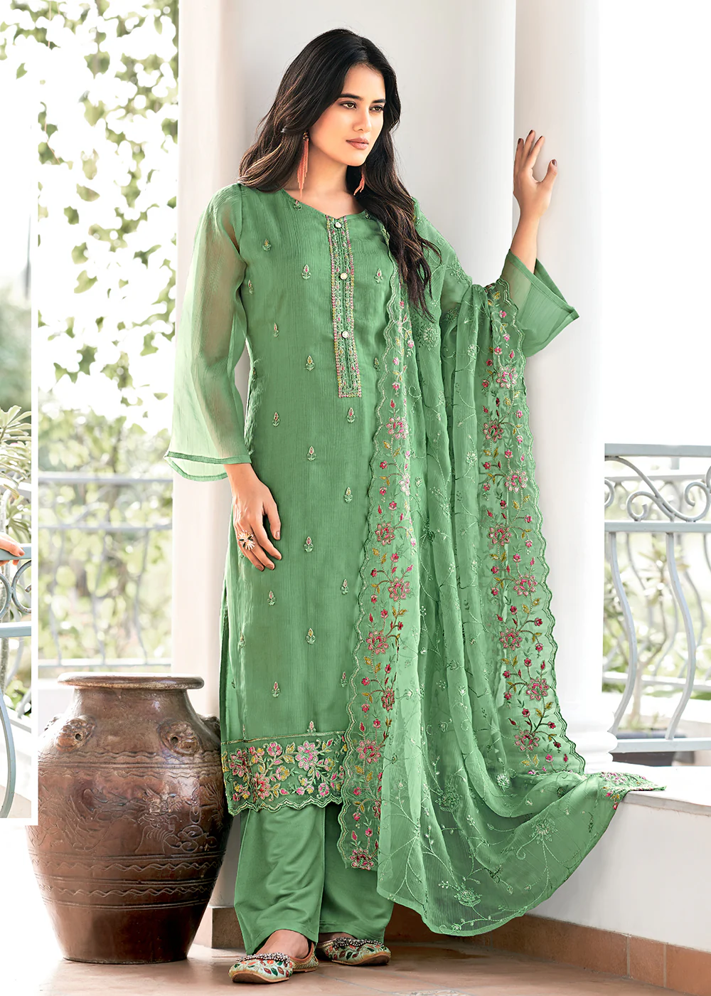 Green Embroidered Organza Chiffon Festive Salwar Suit