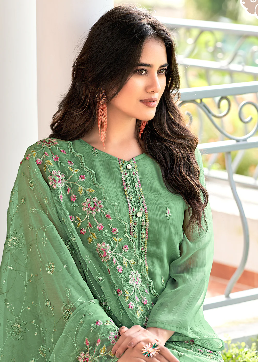 Green Embroidered Organza Chiffon Festive Salwar Suit - Image 3
