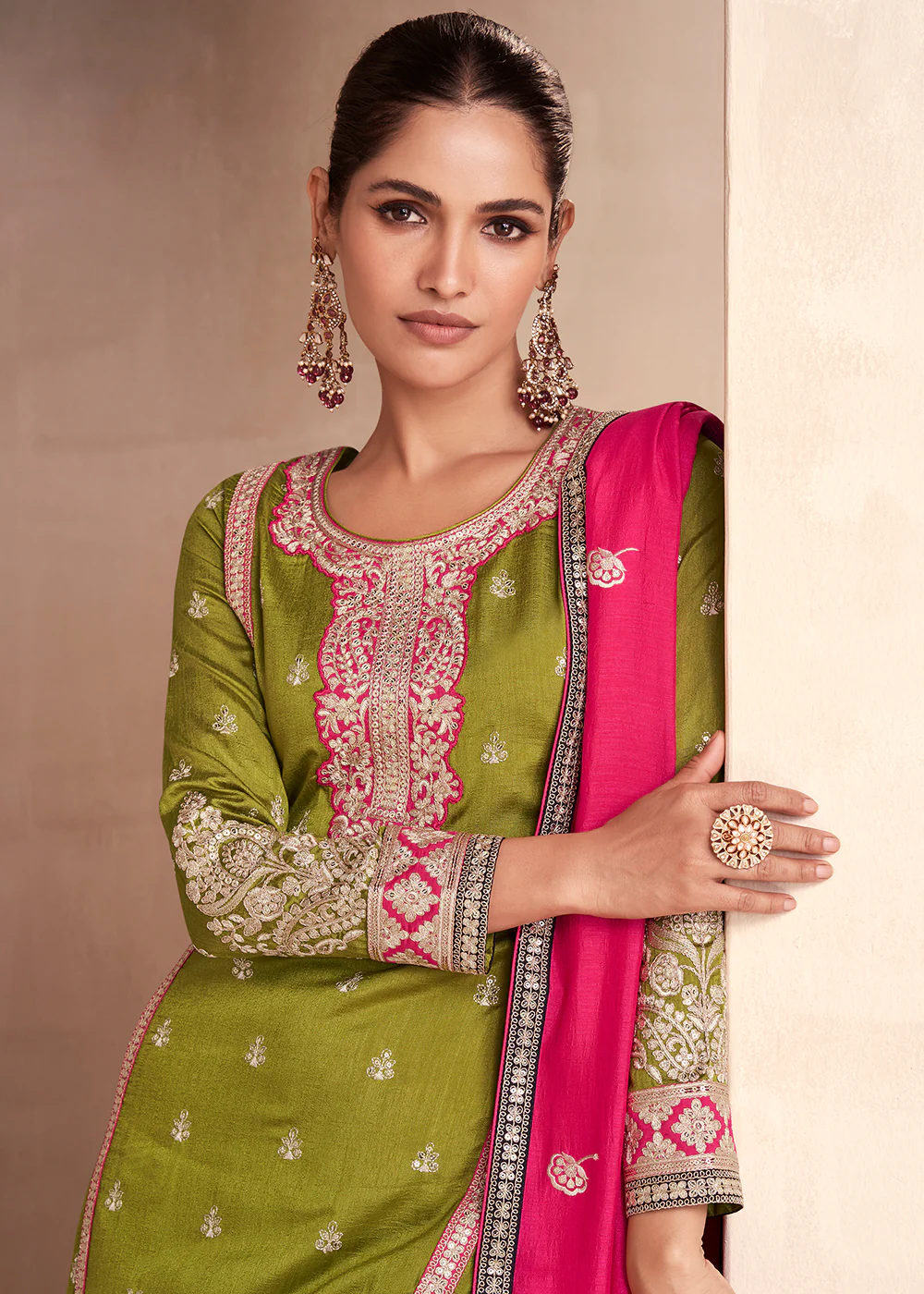 Green Embroidered Premium Silk Palazzo Suit with Pink Dupatta - Image 2