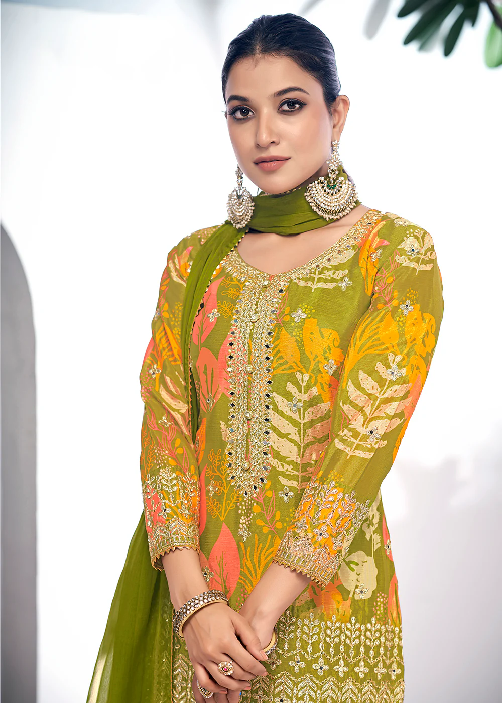 Green Embroidered & Printed Festive Gharara Suit - Image 2