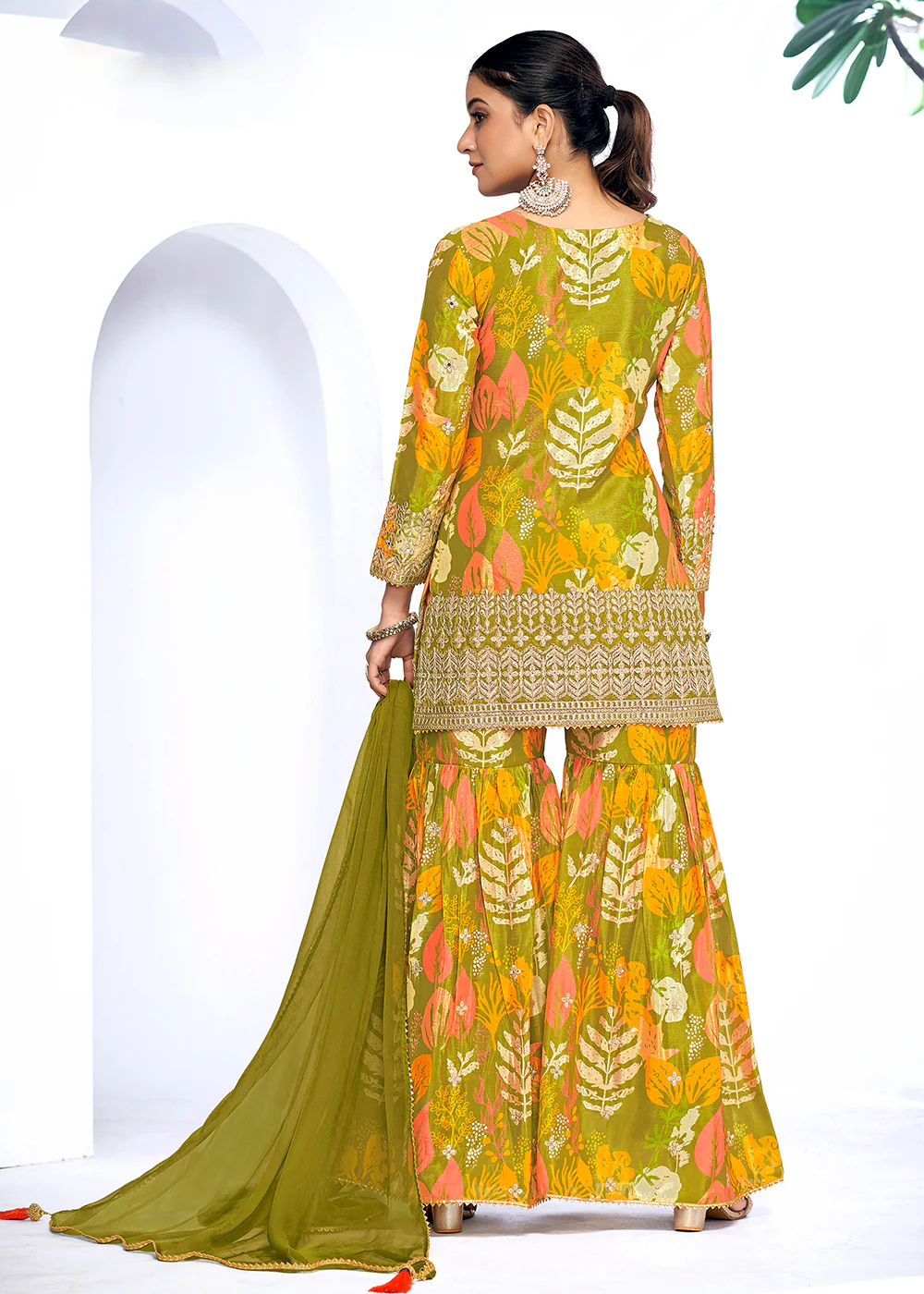 Green Embroidered & Printed Festive Gharara Suit - Image 3