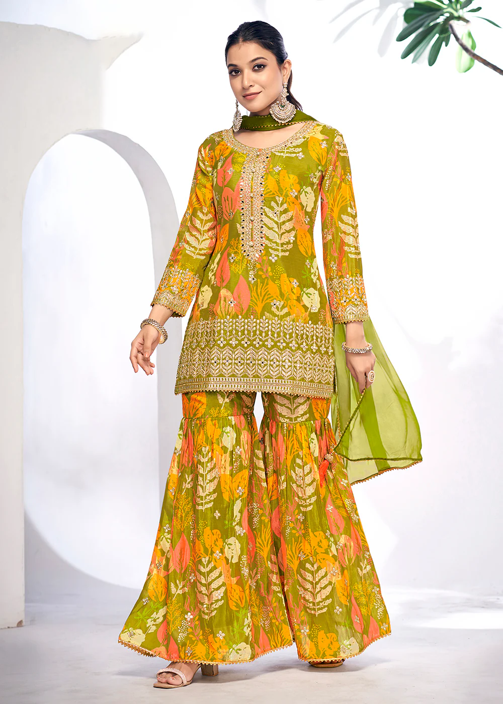Green Embroidered & Printed Festive Gharara Suit - Image 4