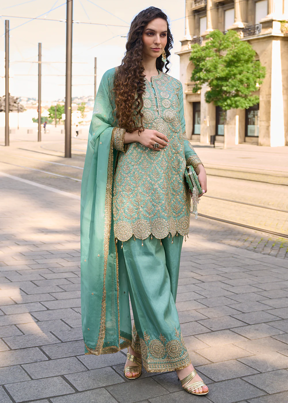 Green Embroidered Shimmer Silk Festive Palazzo Suit