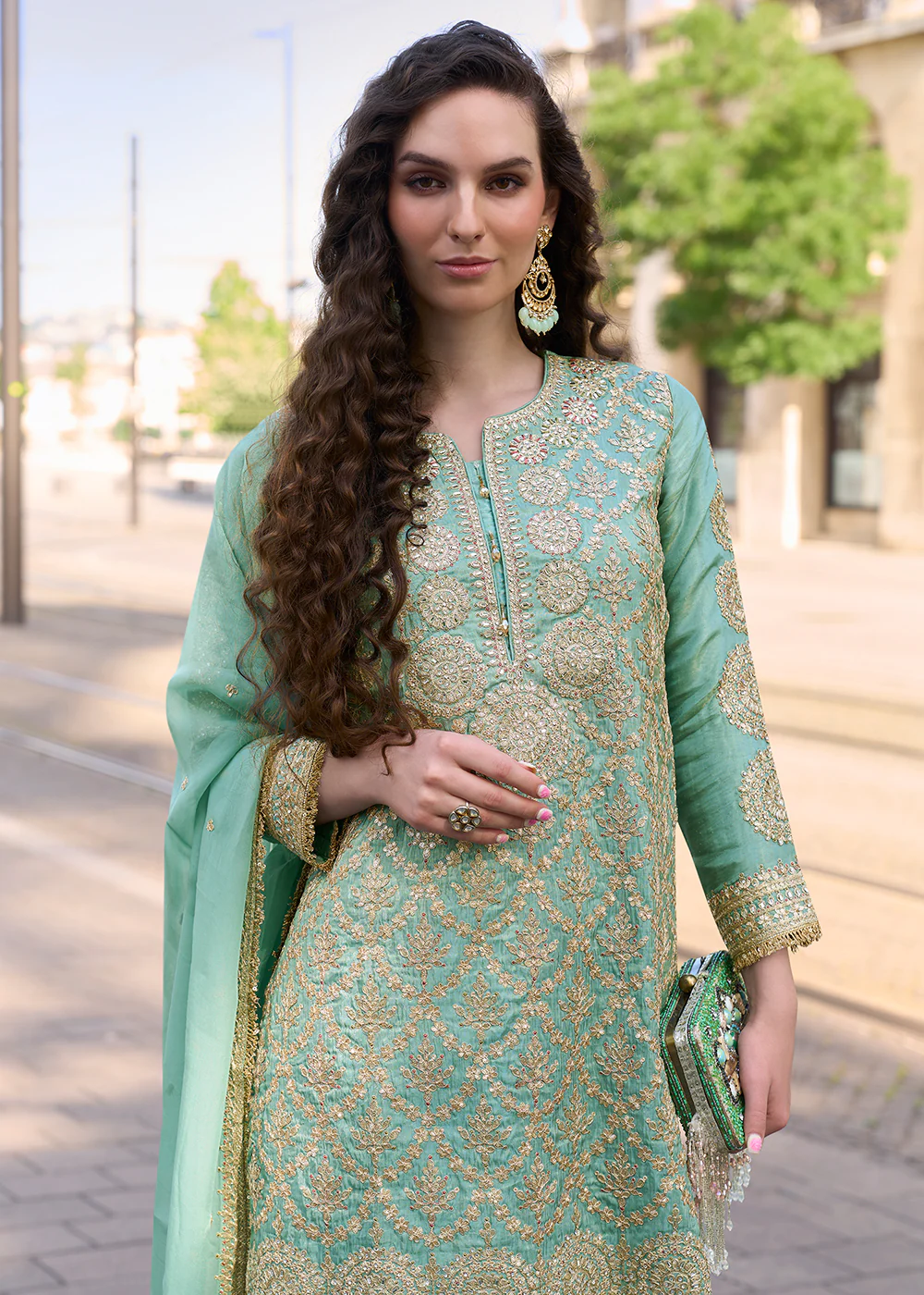 Green Embroidered Shimmer Silk Festive Palazzo Suit - Image 2