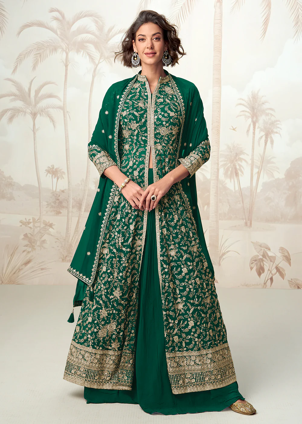 Green Embroidered Slit Georgette Skirt Style Anakali Suit