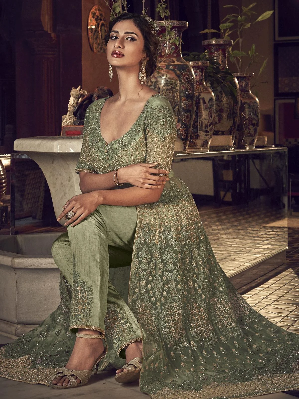 Green Embroidered Traditional Anarkali Suit - Image 3