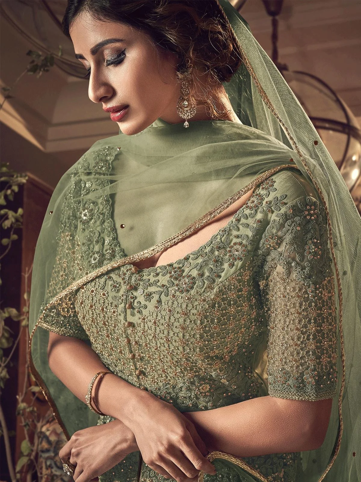Green Embroidered Traditional Anarkali Suit - Image 4