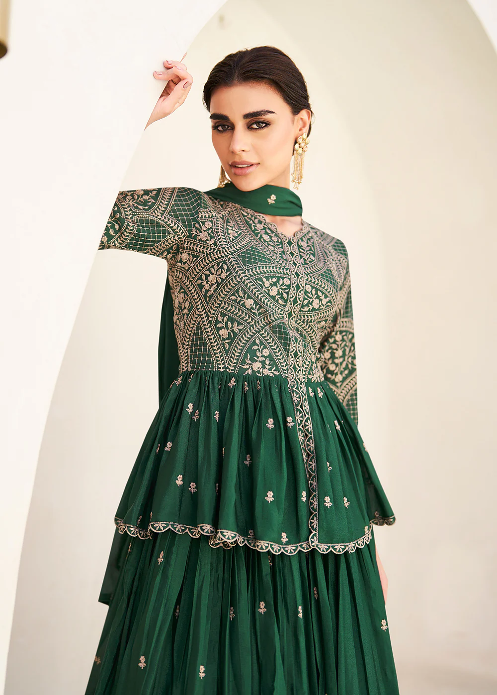 Green Embroidered Wedding Party Lehenga Skirt Suit - Image 2