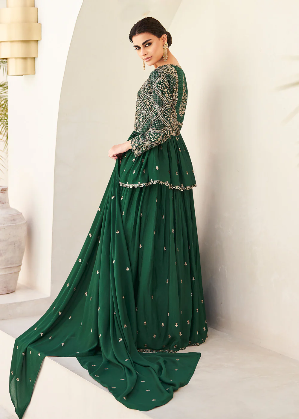 Green Embroidered Wedding Party Lehenga Skirt Suit - Image 3