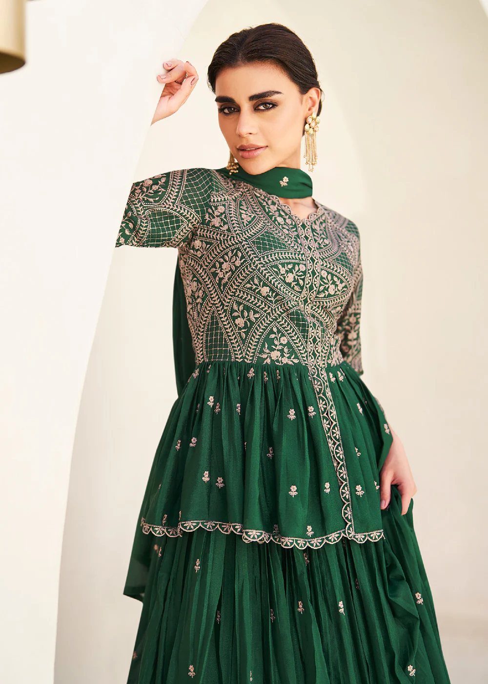 Green Embroidered Wedding Party Lehenga Skirt Suit - Image 4