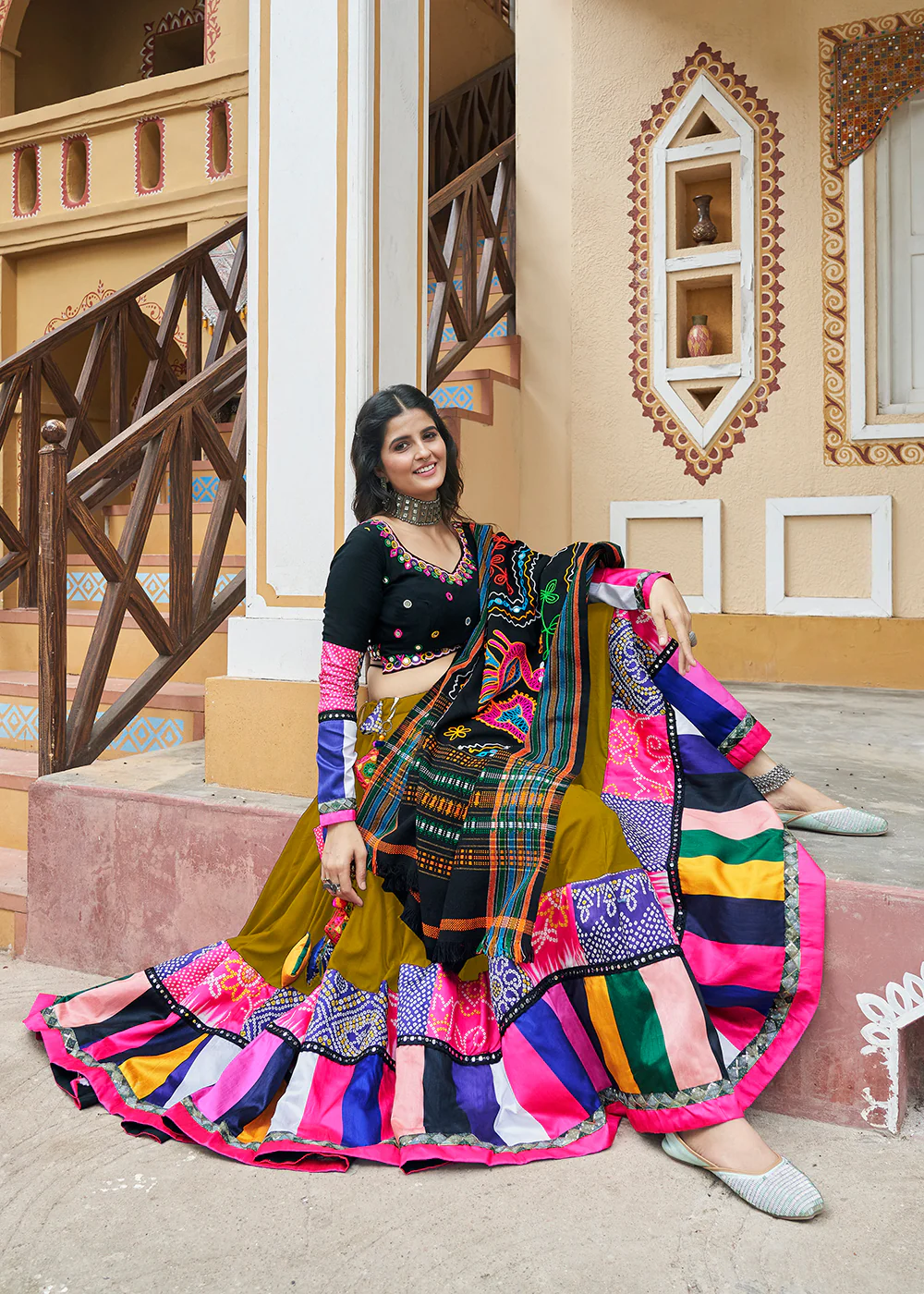 Green Embroidered with Mirror Work Chaniya Choli for Navratri - Image 5