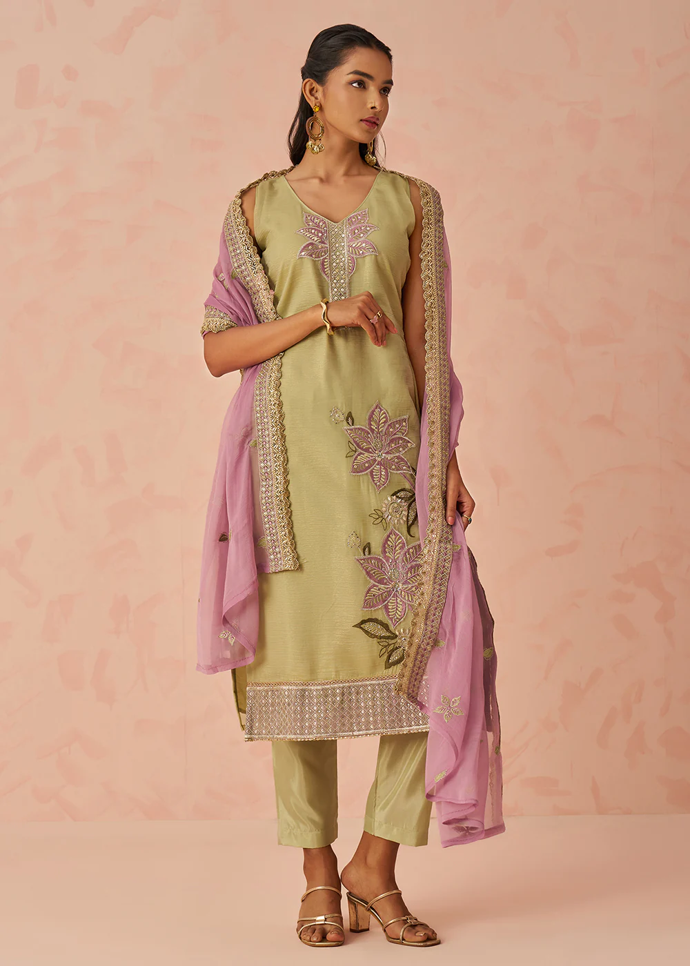 Green Fancy Crush Embroidered Festive Salwar Kurta Suit