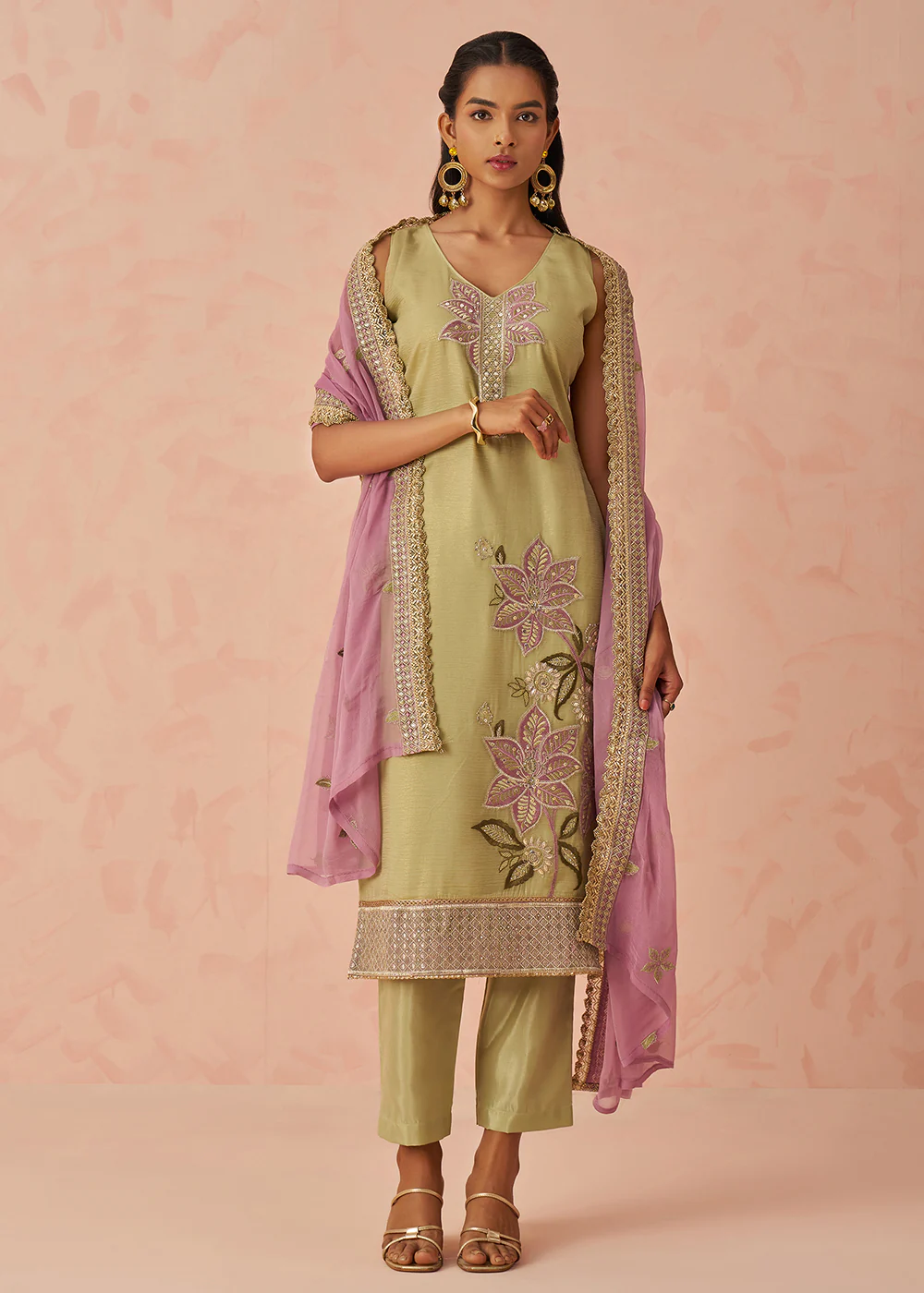 Green Fancy Crush Embroidered Festive Salwar Kurta Suit - Image 6