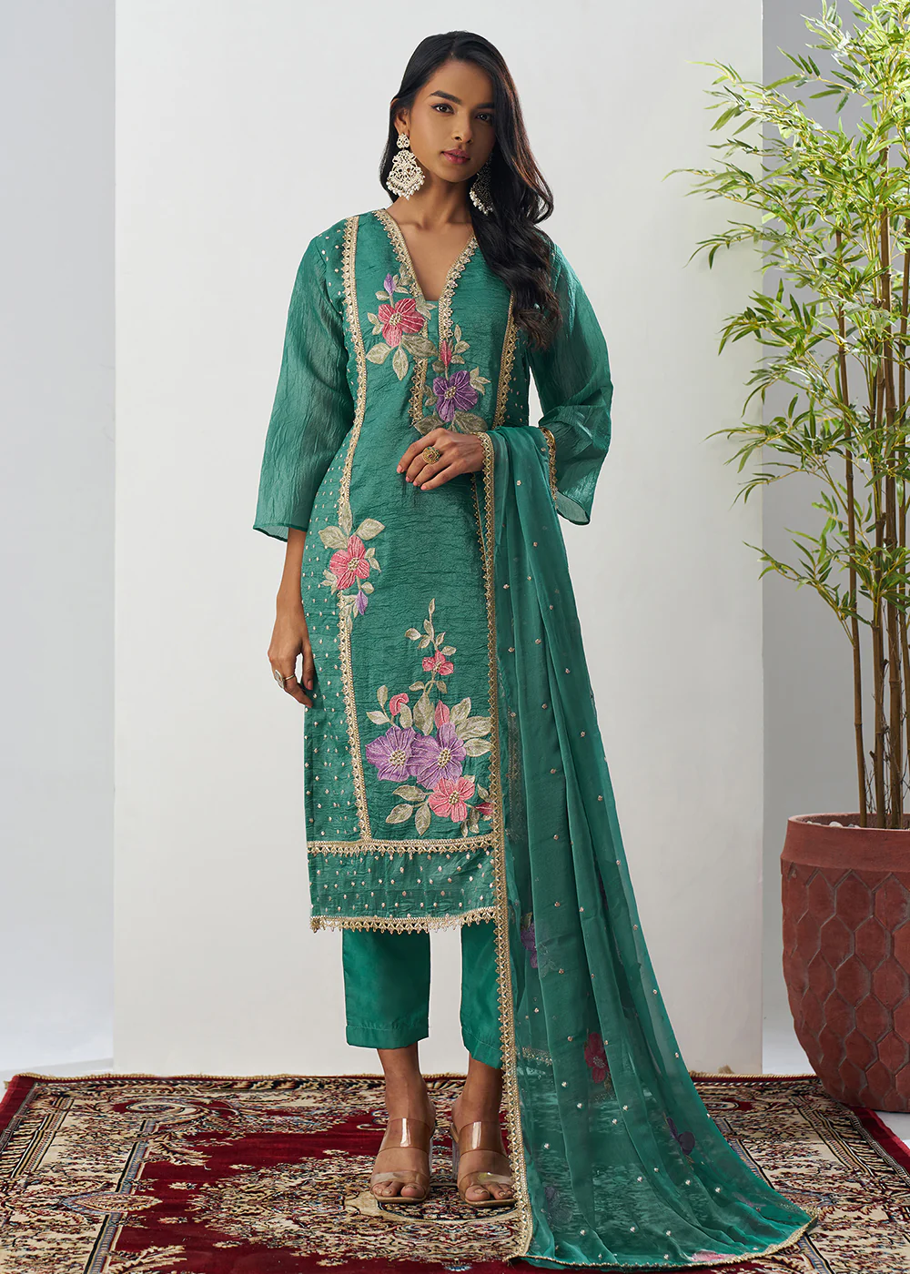 Green Fancy Crush Floral Straight Salwar Suit