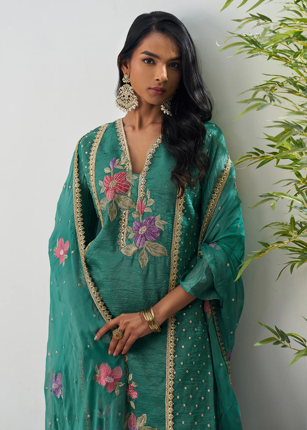 Green Fancy Crush Floral Straight Salwar Suit - Image 2