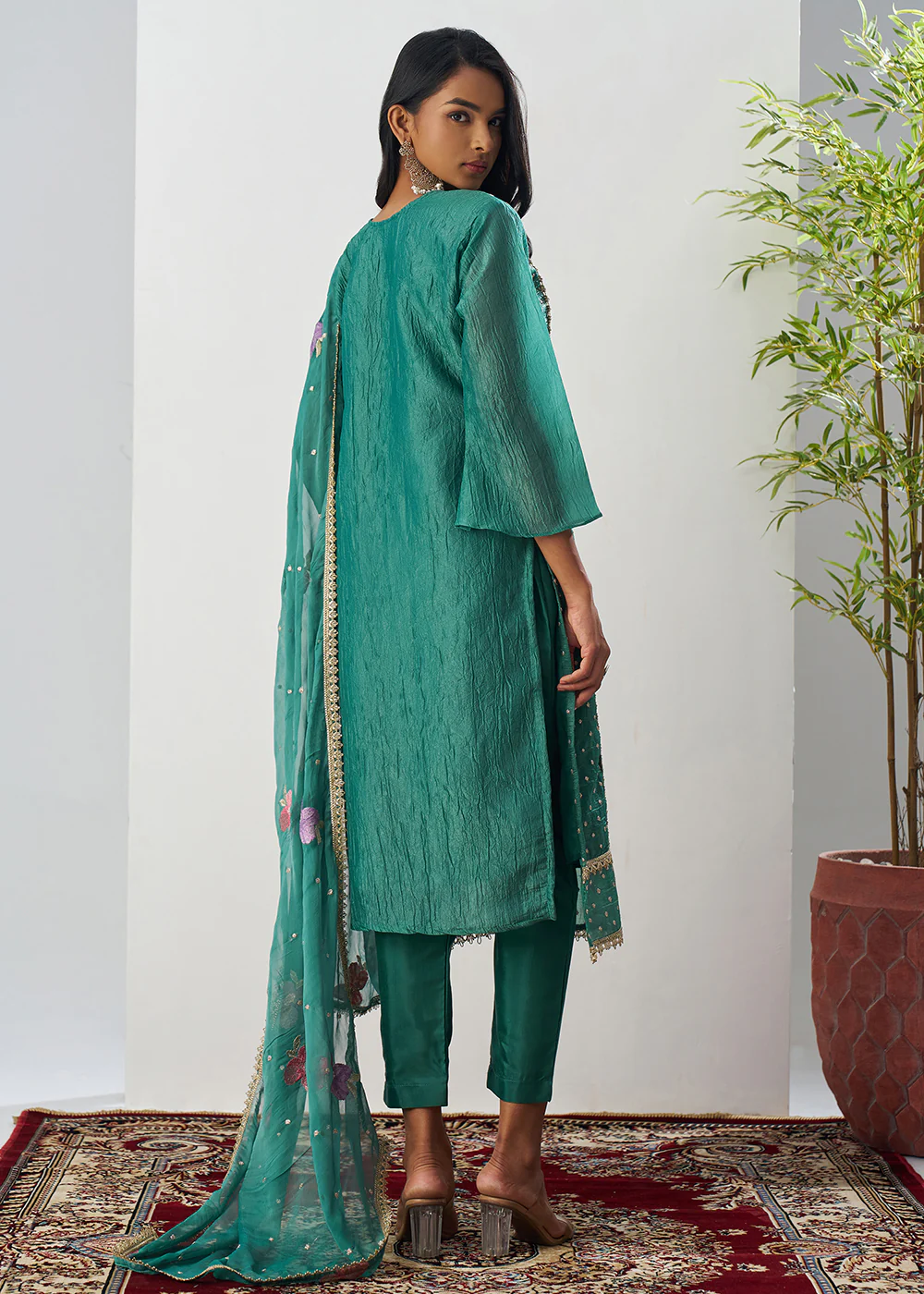 Green Fancy Crush Floral Straight Salwar Suit - Image 3