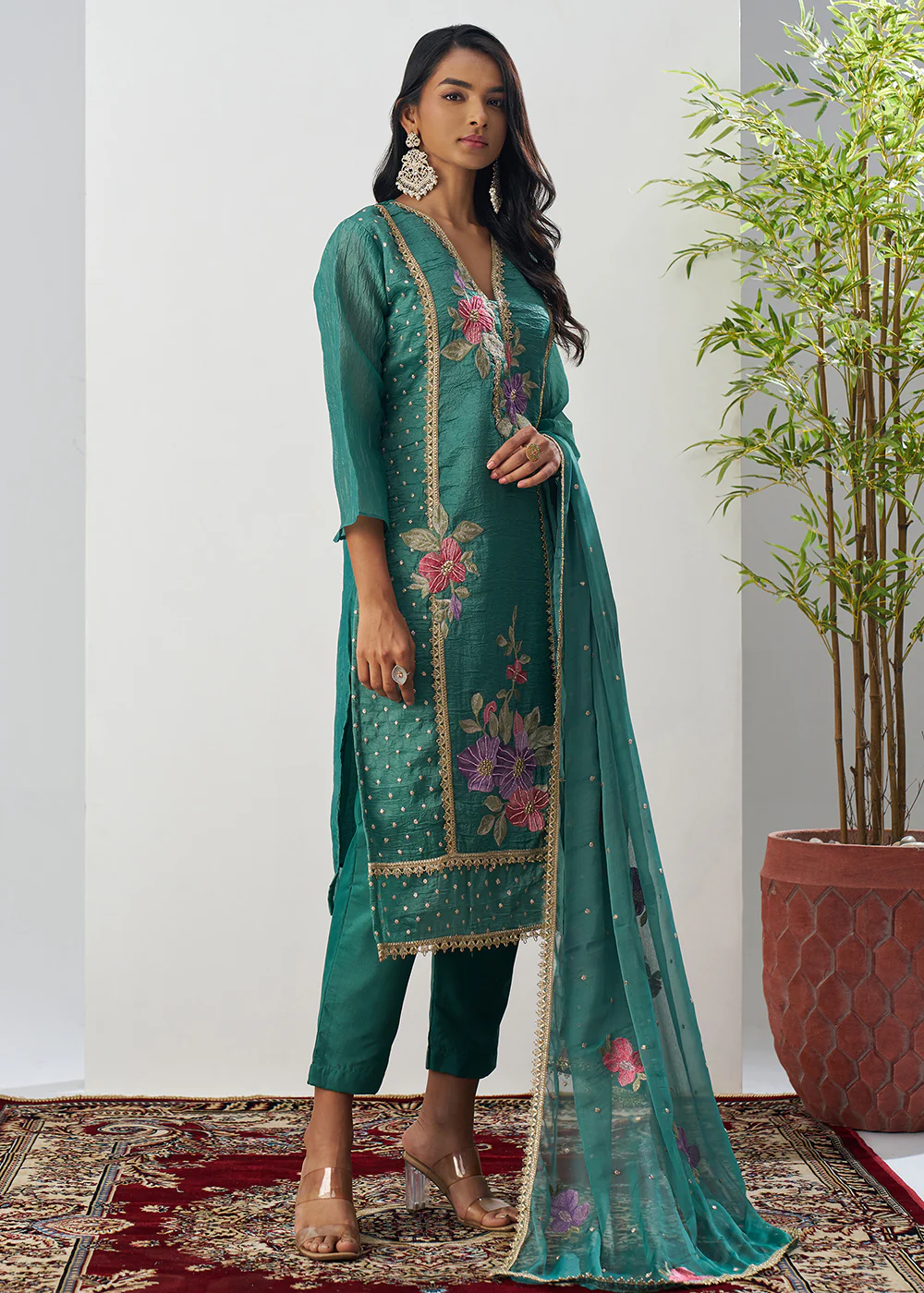 Green Fancy Crush Floral Straight Salwar Suit - Image 5