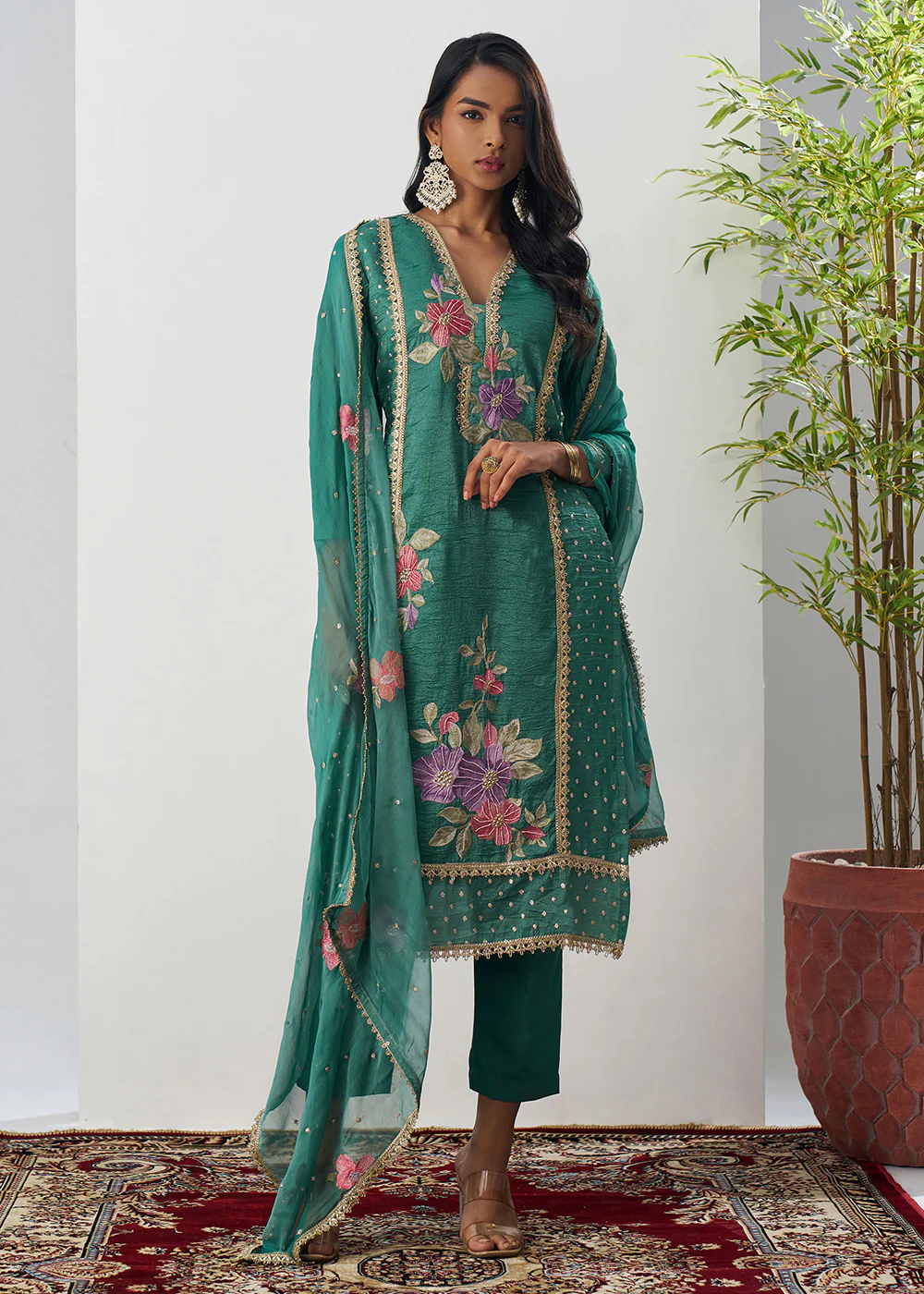 Green Fancy Crush Floral Straight Salwar Suit - Image 6