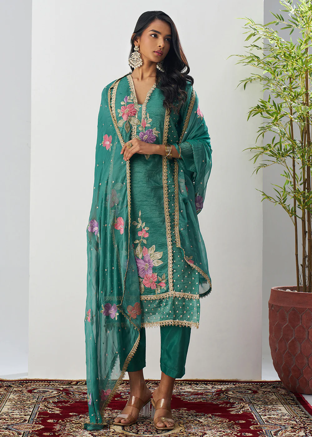 Green Fancy Crush Floral Straight Salwar Suit - Image 7