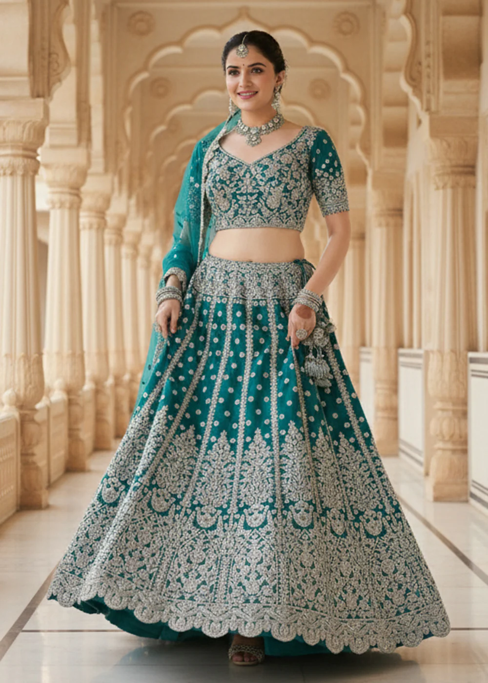 Green Fancy Dori & Sequins Net Wedding Lehenga Choli - Image 2