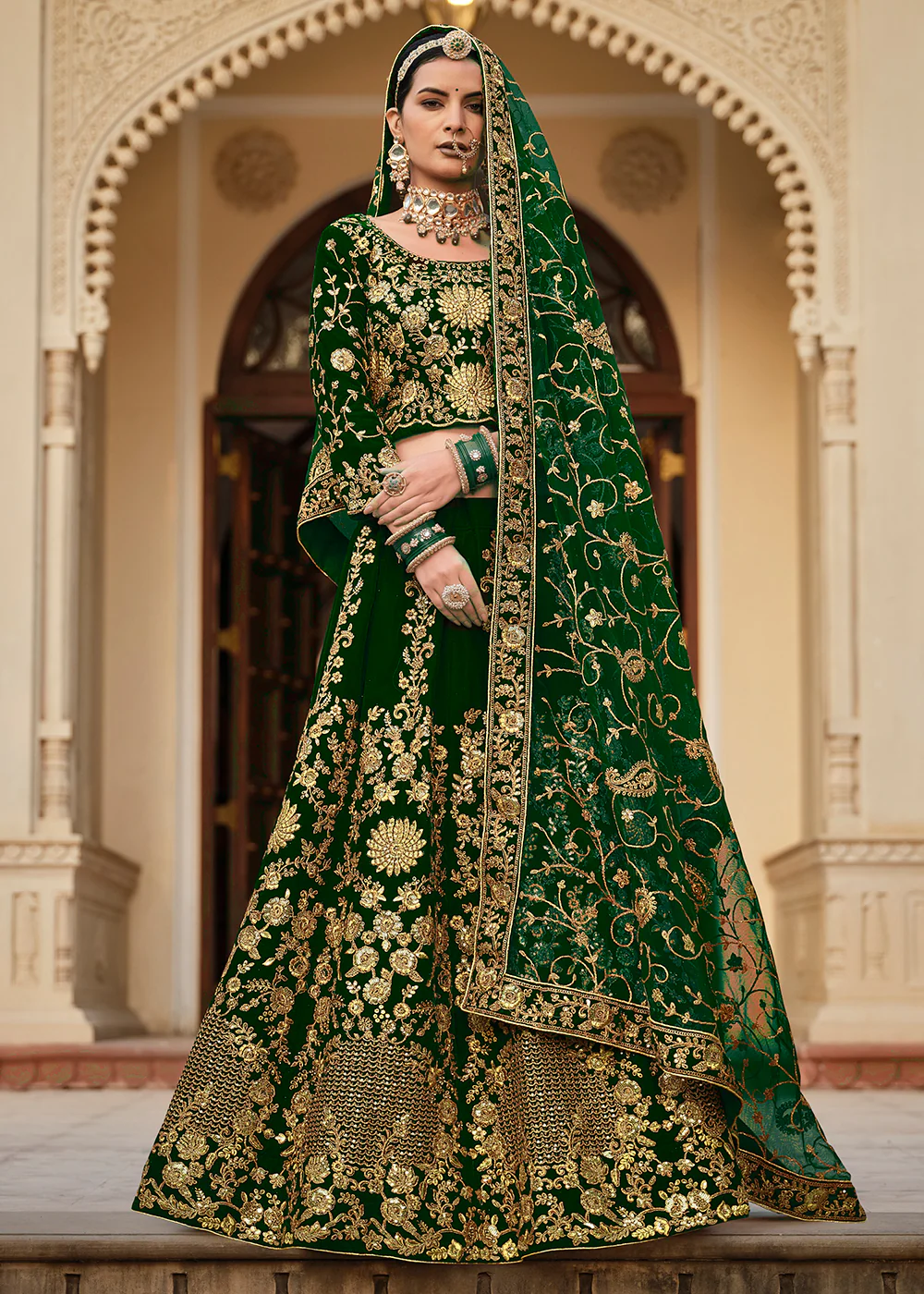 Green Fancy Dori & Stone Work Velvet Lehenga Choli